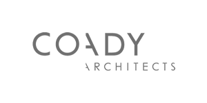The brand logo of Coady Architects in grayscale.