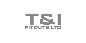 The brand logo of T&I Fitouts LTD in grayscale.